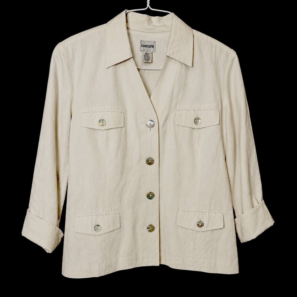 Chico's Linen Silk Blend Jacket Women's Size 2 White Button Front Utility Blazer